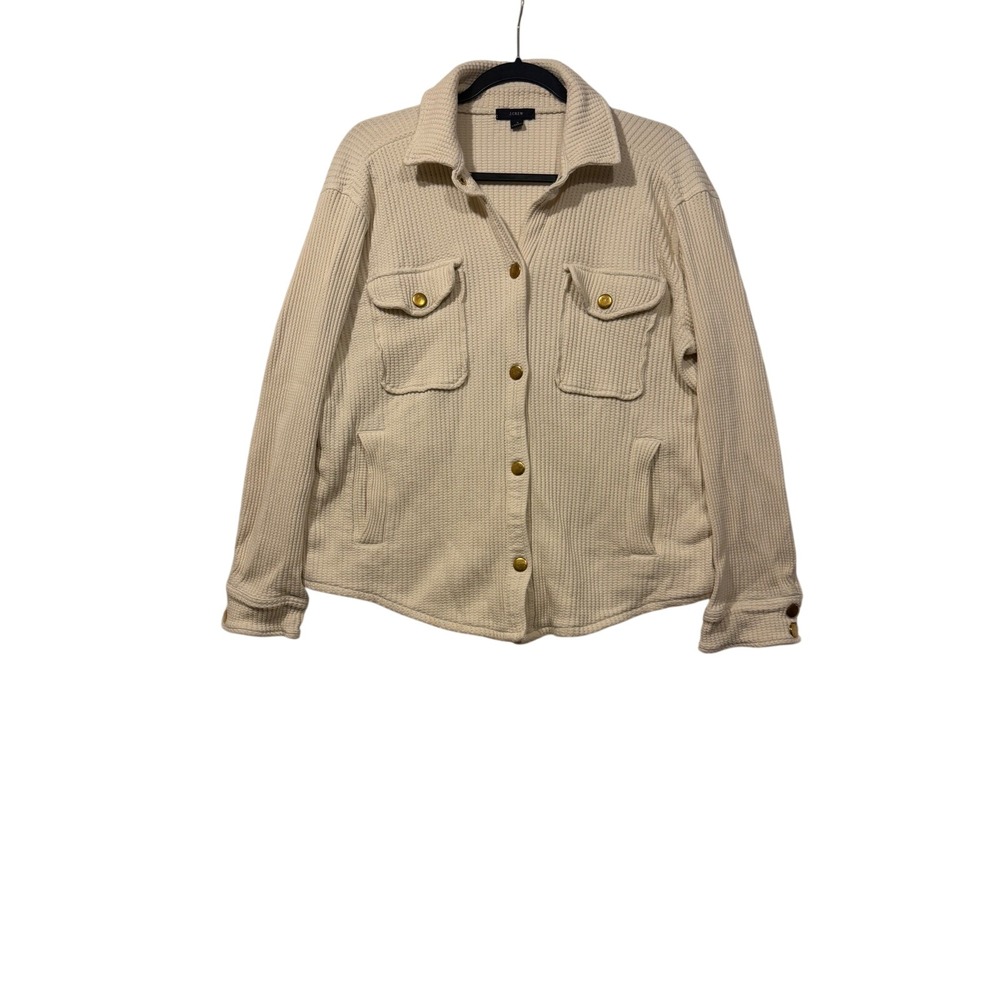 J.Crew Waffle Knit Shacket Women Medium Cream Ivory Button Front Shirt‎ Jacket M